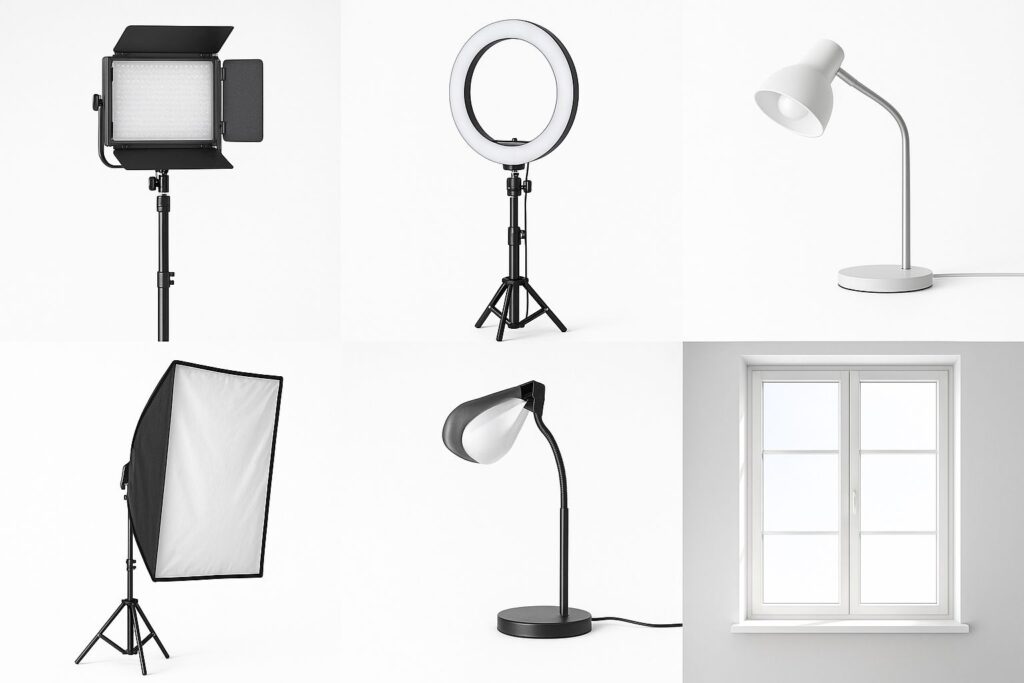 Panel LED, lampa pierścieniowa, lampki biurkowe, softbox i okno jako źródła światła.