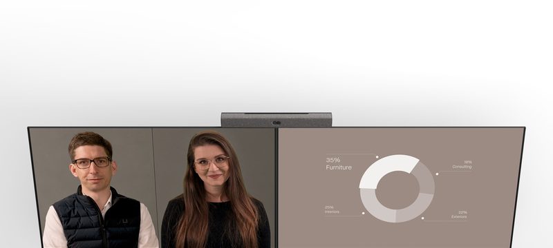 Neat Bar Generation 2 obsługujący dwa ekrany jednocześnie w Teams i Zoom